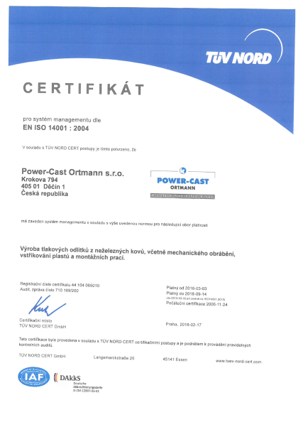 Certifikát pro systém managementu dle EN ISO 14001: 2004